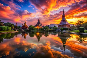 Obraz premium Long Exposure Sunset over Chiang Mai, Thailand - Dramatic Sky and Cityscape