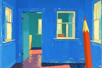 Blue Room Interior with Pencil