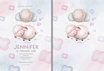 Watercolor hand drawn illustration of a cute baby sheep, lamb, sleeping on the moon and the cloud. Baby Shower Theme Invitation birthday Template