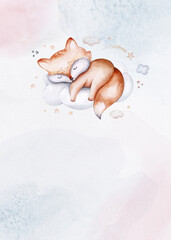Watercolor hand drawn illustration of a cute baby fox sleeping on the moon and the cloud. Baby Shower Theme Invitation birthday Template