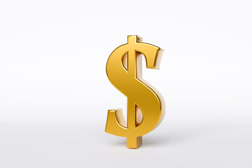 Golden dollar currency symbol on white background. Concepts of monetary values, fees and international exchange rates.