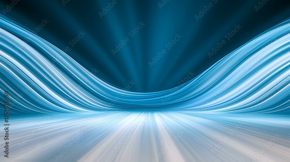 Poster the image contains an abstract design of flowing, curved blue lines that create a sense of depth and