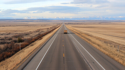 Fototapeta premium Truck on a highway. The road ahead is clear, with the truck speeding across the horizon.