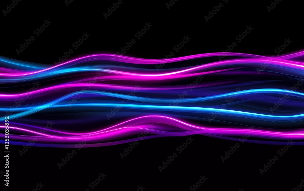 Poster a gradient background with neon blue and purple sound waves, glowing in the dark, representing music