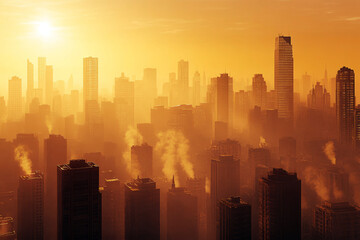 Fototapeta premium Hazy city skyline with tall skyscrapers and pollution under a golden sunset