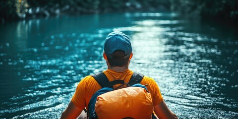 Adventurous man in a kayak navigating down a river, enjoying the outdoors and exercise of paddling.