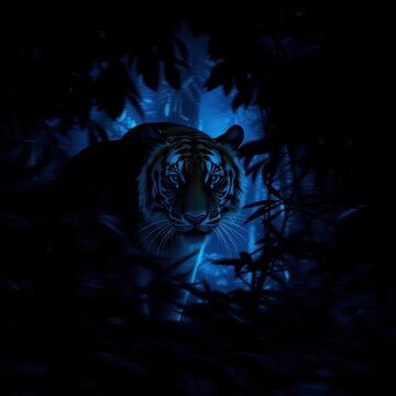 Majestic tiger lurking in a dark jungle, illuminated by a mysterious blue glow among foliage