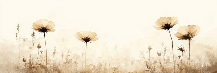 Watercolor Botanical, Wheat and Cosmos in Gentle Light, Sepia Floral Banner Background