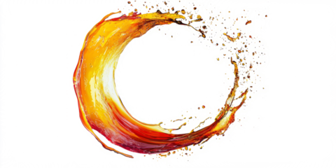 A dynamic splash of oil in a circular shape, beautifully suspended against a clean white background.