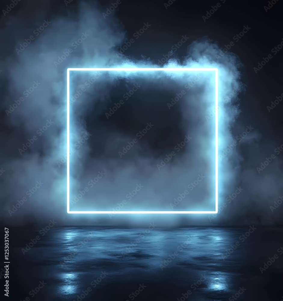 Poster abstract neon-illuminated frame with a smoke effect on a dark background, a glowing square shape for