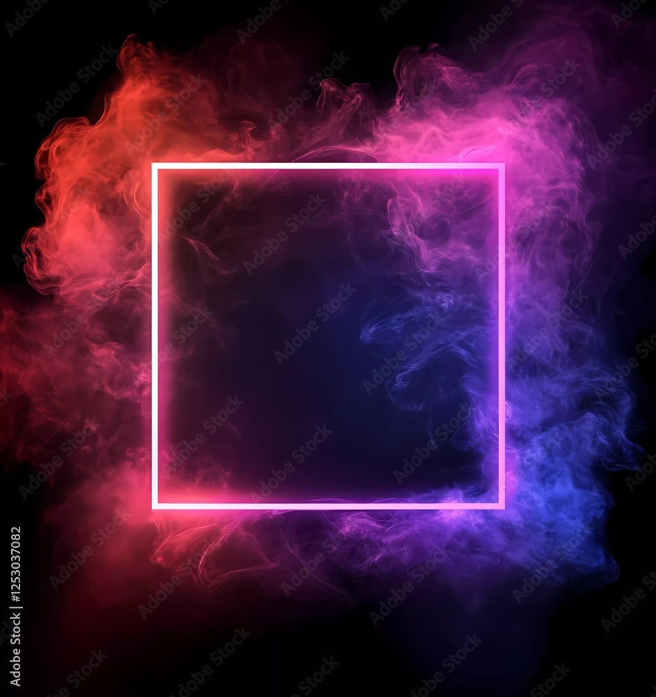 Poster abstract neon-illuminated frame with a smoke effect on a dark background, a glowing square shape for
