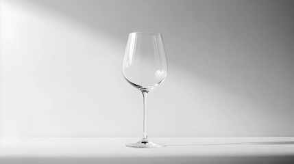 A delicate, empty wine glass standing against a bright white background, creating a simple yet elegant presentation.