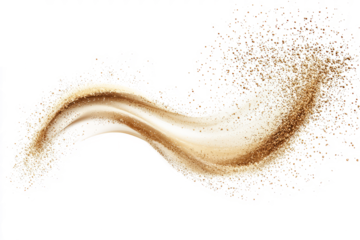 A graceful swirl of sand particles in mid-splash, a clean white backdrop.