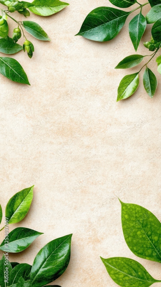 Poster fresh green leaves on soft beige background ideal for natural and organic themes in design projects