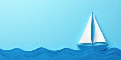 A paper sailboat floats serenely on a calm blue ocean, symbolizing peaceful voyages and tranquil journeys.