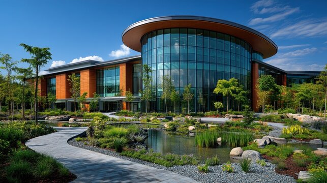 Modern office building, landscaped grounds, sunny day, corporate campus