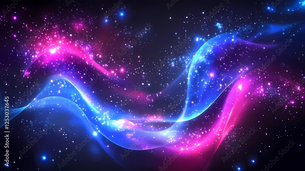 Poster abstract wave lines vector background with blue and purple glowing dots, data visualization for busi