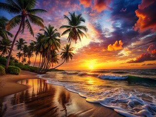 Low Light Tropical Sunset Beach Matte Painting - Palm Trees, Sandy Coast, Waves