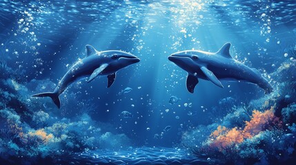 Naklejka premium Mesmerizing underwater encounter featuring two majestic whales in their natural habitat beneath shimmering ocean waves