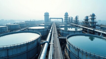 Elevated View of Industrial Water Treatment Facility with Large Circular Tanks and Interconnecting Pipelines