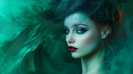 Woman with teal veil and feathers, dramatic makeup, intense gaze.