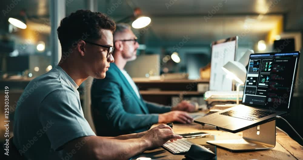 Aufkleber Laptop, typing and business man programming, machine learning or software development. Coding, computer and person writing data, update algorithm or app with ai engineer in creative startup at night