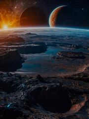 Naklejka premium Alien planet with glowing celestial views.