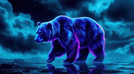 A vibrant, neon-colored bear walking through a mystical landscape under a starry night sky