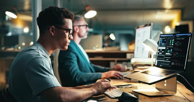 Laptop, typing and business man programming, machine learning or software development. Coding, computer and person writing data, update algorithm or app with ai engineer in creative startup at night