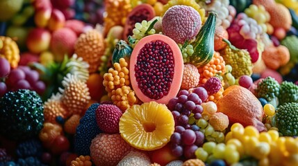 Close-up of assorted fruits and vegetables, emphasizing variety and appeal for health or culinary purposes.