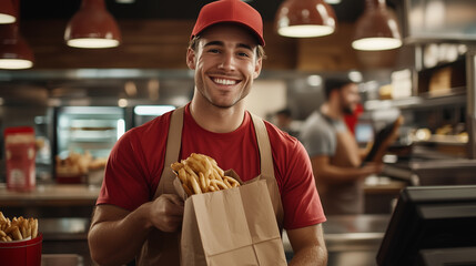Smiling fast food cashier handing a paper bag. Blurred restaurant interior in the background.