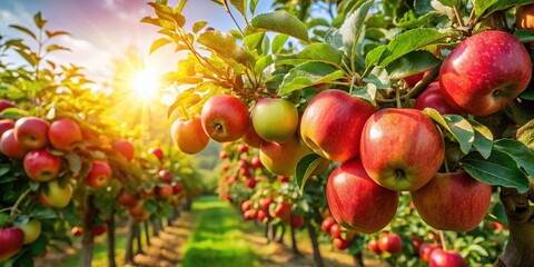 Obraz premium Lush Green Apple Orchard: Ripe Apples Growing on Trees in a Sunny Garden
