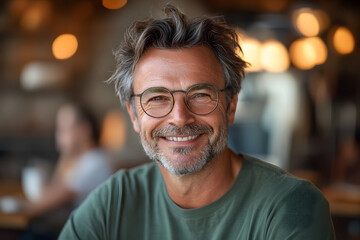 Obraz premium A middle-aged man with curly hair, a beard, and glasses smiles warmly in a cozy café. The soft lighting and blurred background create a relaxed and inviting atmosphere, capturing a moment of happiness