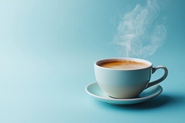 Naklejka premium Steaming coffee cup on blue backdrop for cafe menu or blog
