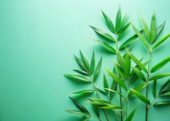 Fototapeta premium Lush Green Bamboo Leaves on Mint Background - Wellness & Spa Stock Photo