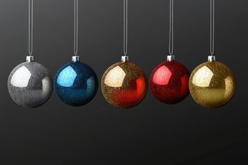 A collection of Christmas ornaments hanging in a row. The assortment includes red, blue, gold, silver, and glittery balls, adding color and sparkle to holiday decorations.