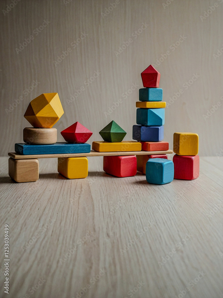 Poster an array of minimalist wooden toys, carefully arranged to enhance the appeal of stacking blocks and 