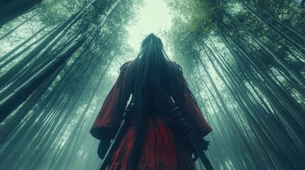 A samurai warrior with long black hair, wearing a red kimono, holding a katana, standing in a bamboo forest, Edo period style, cinematic lighting