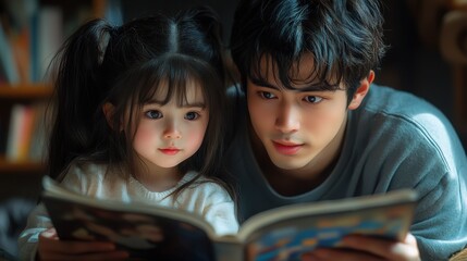 A young anime couple reading bedtime stories to their little daughter, cozy bedroom, soft warm lighting