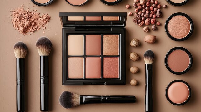 Beauty application techniques makeup studio visual guide creative workspace top-down view makeup essentials