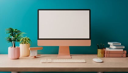 3D Table and computer for work from home and online chatting concept. 3d render illustration