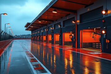 Wet racetrack pit lane garages at dusk