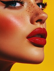 Naklejka premium Woman wearing red lipstick against yellow background.