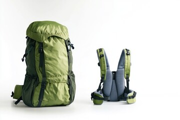 Green backpack with multiple compartments for travel and hiking. Perfect for outdoor adventures or as a carry-on luggage.