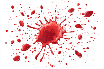 Blood splash hitting a flat surface, droplets scattered widely, isolated on a white background.