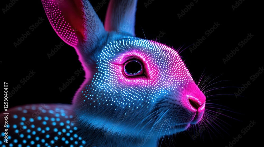 Poster futuristic neon rabbit with vibrant light patterns against a dark background for artistic and design