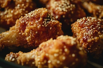 Appetizing fried chicken wings with sesame seeds and sweet glaze.