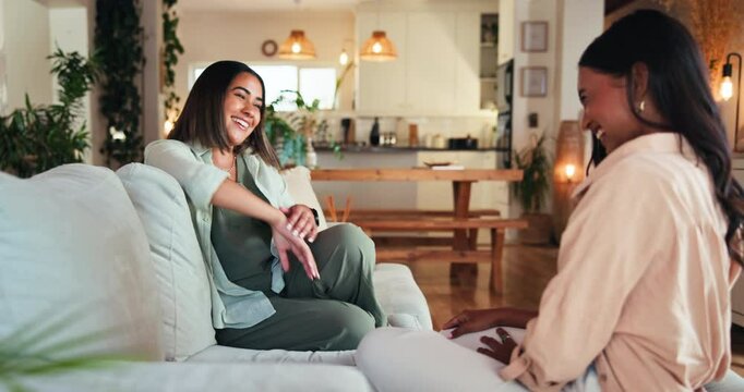 Women, friends and high five in home for celebration, success or connection on sofa in college apartment. Living room, girls and students with hands together for winning, talk or laugh at funny story