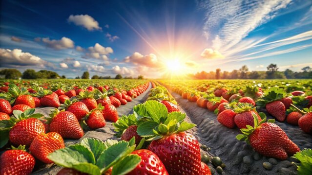 Lush Red Strawberry Fields: Endless Rows of Ripe Berries under Sunny Sky