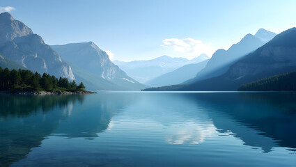 Fototapeta premium Mountain Lake: Crystal Clear Water Reflecting Surrounding Peaks